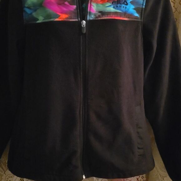 Fila Sport Women's Size S Black  Zip Up Fleece Jacket Rainbow Yoke Pockets - Picture 3 of 11